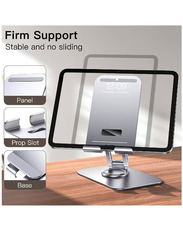 Universal Foldable Cradle Adjustable Swivel Desktop Holder Tablet Stand with 360 Degree Rotating Base, Silver