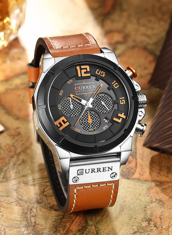 Curren Analog Watch for Men with Leather Band, Water Resistant and Chronograph, J2771BC, Brown-Black