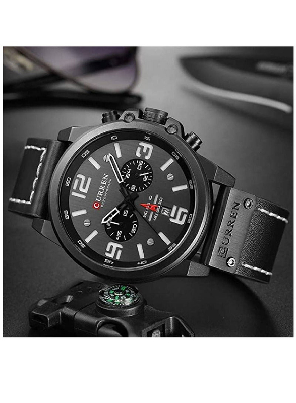 Curren Analog Watch for Men with Leather Band, Water Resistant and Chronography, 8351, Black-Black