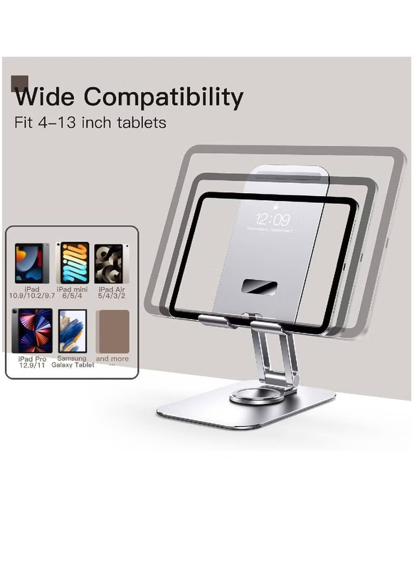 Rabos Adjustable Swivel Desktop Holder With 360 Degree Rotating Base Tablet Stand, Silver