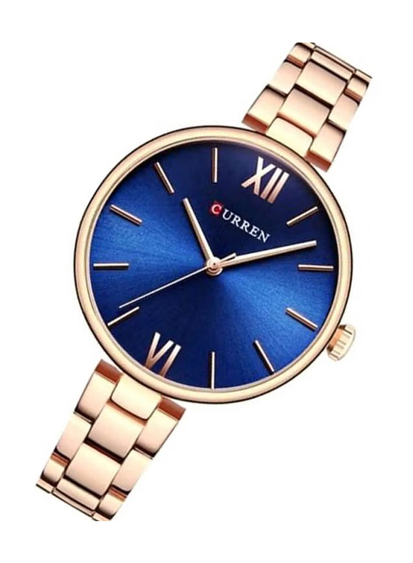 Curren Analog Watch for Women with Stainless Steel Band, Water Resistant, 9017, Gold-Blue