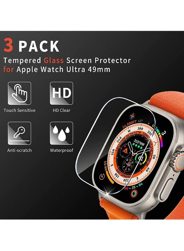 Anti Scratch HD Bubble Free Tempered Glass Screen Protector for Apple Watch Ultra 49mm, 3 Piece, Clear