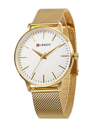 Curren Analog Watch for Women with Stainless Steel Band, Water Resistant, WT-CU-9021-GO, Gold-White