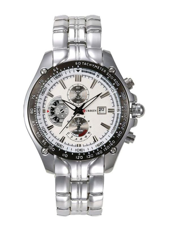 Curren Analog Unisex Watch with Alloy Band, Water Resistant and Chronograph, J3812S-W-KM, Silver-White