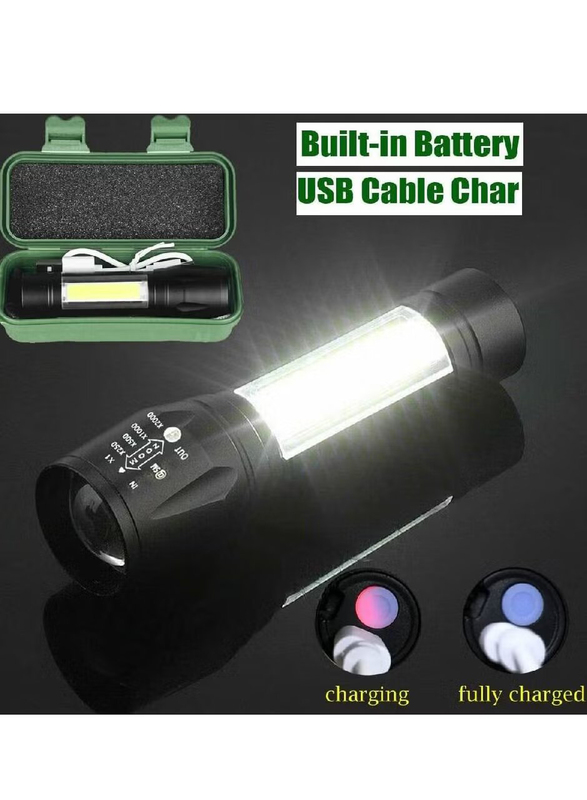 USB Mini Rechargeable Ultra Brightest LED Torch Light with Side Lantern, Black/White