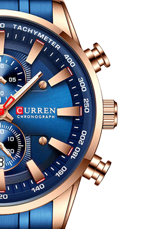 Curren Quartz Analog Watch for Men with Stainless Steel Band, Water Resistant and Chronograph, 8351, Blue-Rose Gold