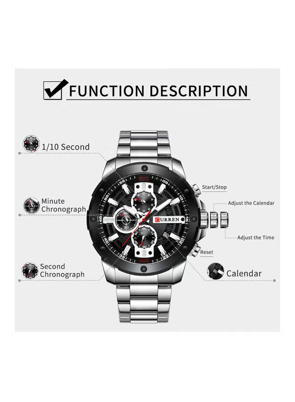 Curren Analog Watch for Men with Stainless Steel Band, Chronograph, Silver-Black