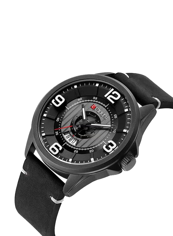 Curren Analog Watch for Men with Leather Band, M-8305-3, Black-Black