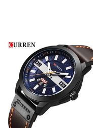 Curren Analog Watch for Men with Leather Band, 8286, Brown-Blue/Silver