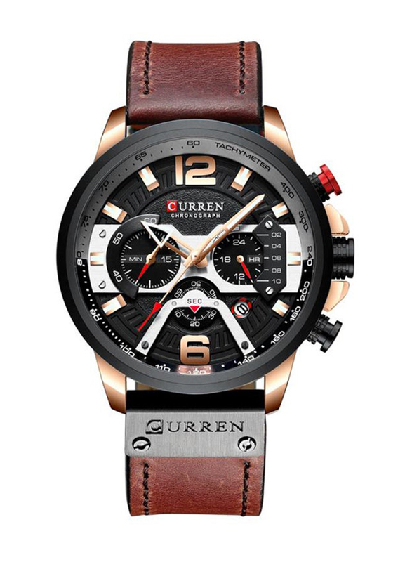 Curren Analog Watch for Men with Leather Band, Water Resistant and Chronograph, 8329, Brown-Black