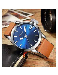 Curren Analog Watch for Men with Leather Band, Water Resistant, 8208, Brown-Blue