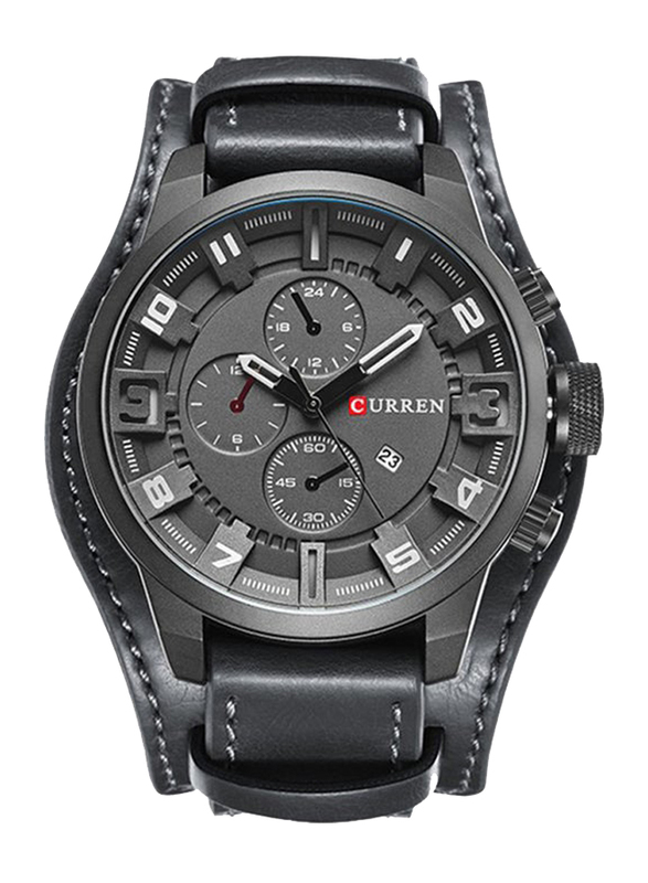 Curren Analog Watch for Men with Leather Band, Water Resistant and Chronograph, M8225, Black