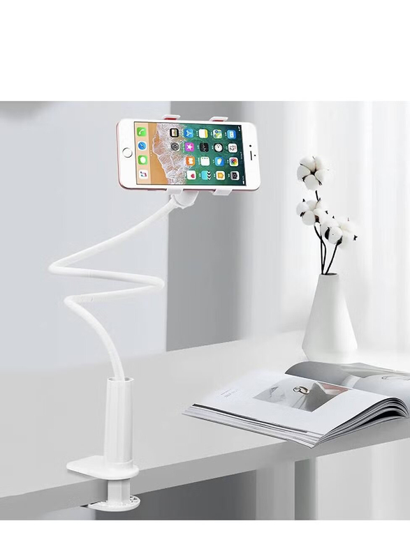 Clamp Universal Lazy Mount Clip Hands Free Flexible Long Arm Bracket Grip Phone Holder, White