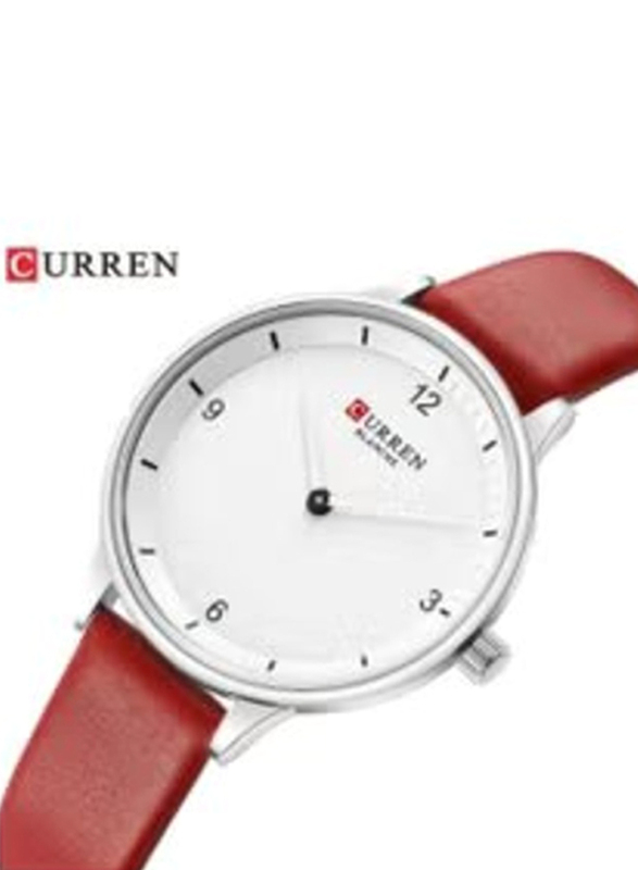 Curren Analog Watch for Women with Leather Band, Water Resistant, 9039, White-Red
