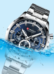 Curren Analog Watch for Men with Alloy Band, Water Resistant and Chronograph, J4056-3-KM, Silver-Blue