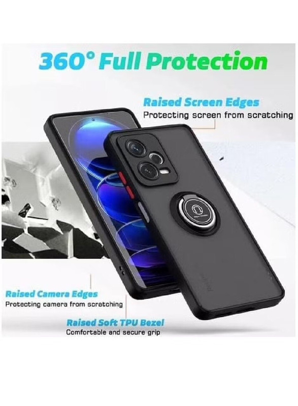 Olliwon Xiaomi Redmi Note 12 Pro 5G Protective Shockproof Car Magnetic Mount Matte Back Mobile Phone Case Cover with Metal Ring Holder, Black