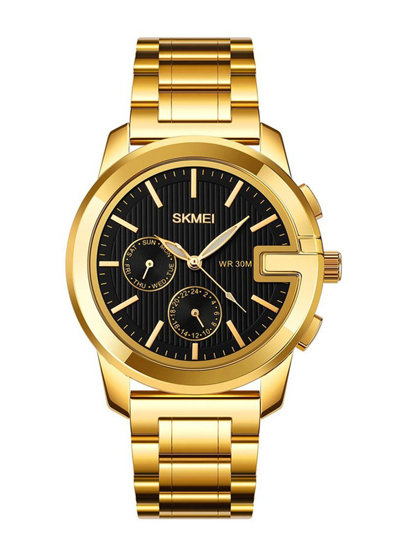SKMEI Analog Watch for Men with Stainless Steel Band, Water Resistant, Gold-Black