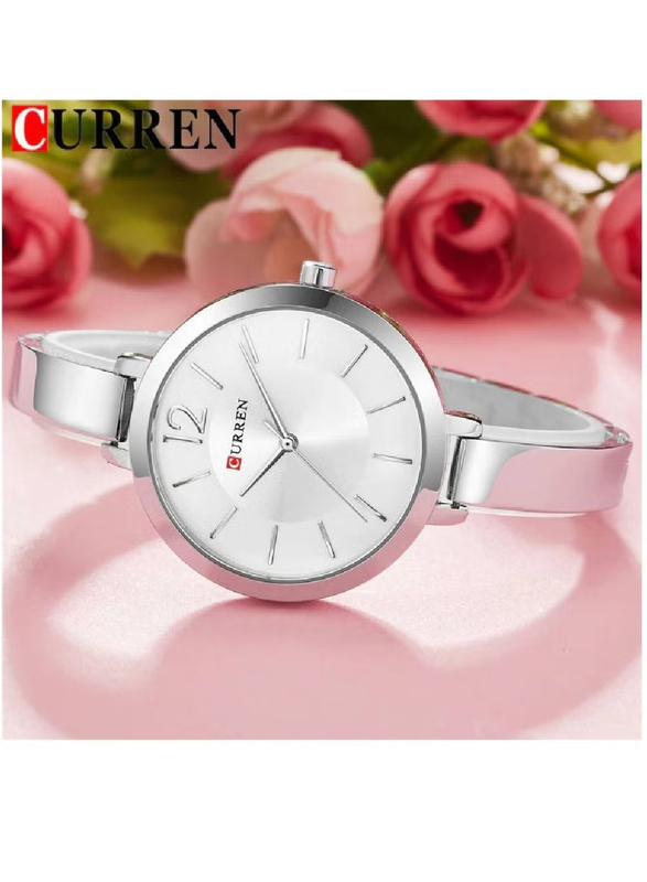 Curren Analog Watch for Women with Stainless Steel Band, Water Resistant, 9012, Silver-White