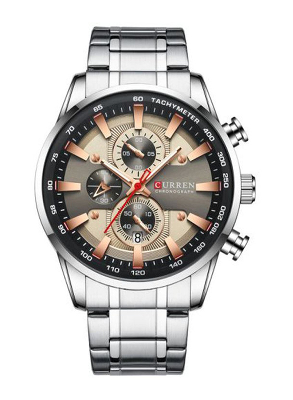 Curren Analog Watch Unisex with Stainless Steel Band, Water Resistant and Chronograph, J4516S-GY-KM, Silver-Grey/Brown