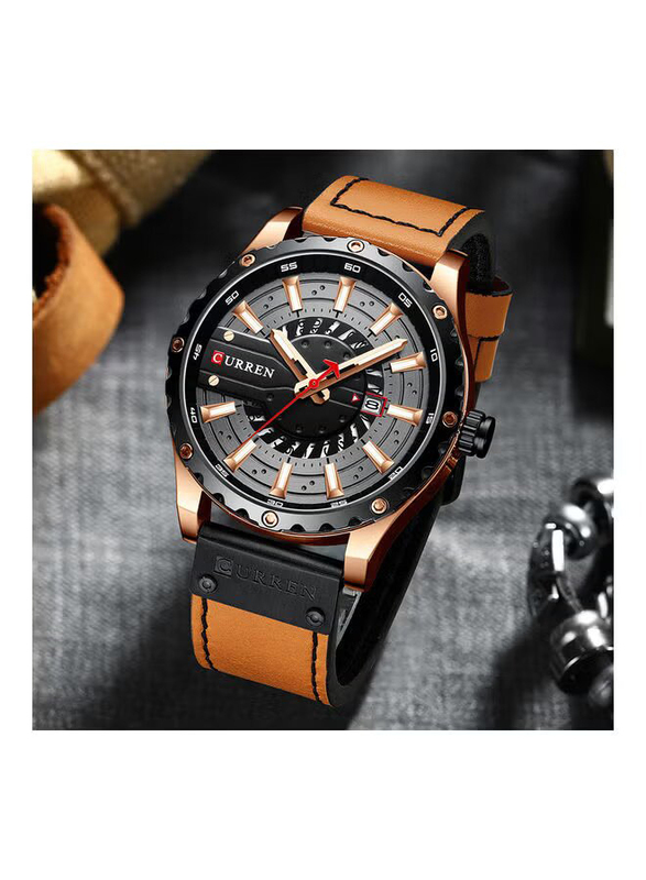 Curren Analog Watch for Men with Leather Band, Water Resistant, J-4746BR, Brown-Black