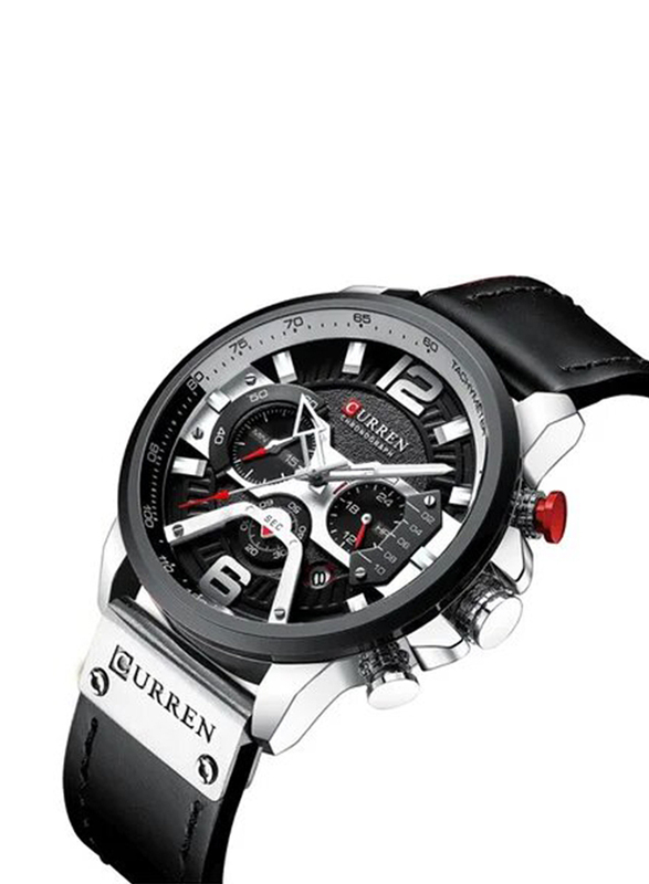 Curren Analog Watch for Men with Leather Band, Water Resistant and Chronograph, J313B, Black-White