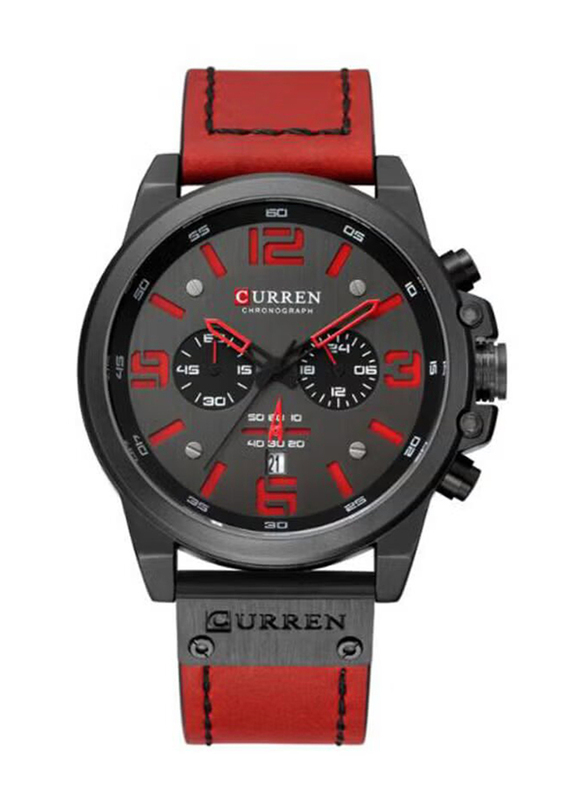 Curren Analog Watch for Men with Leather Band, Water Resistant, 8314, Red-Grey