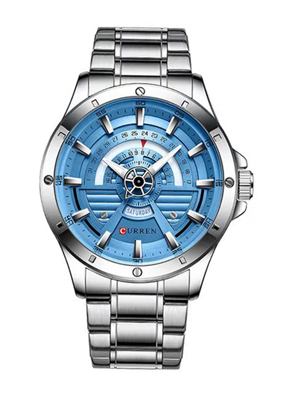 Curren Day & Date Quartz Analog Watch for Men with Stainless Steel Band, Water Resistant, 8381, Silver-Blue