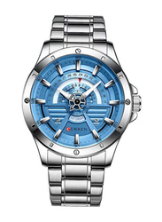 Curren Day & Date Quartz Analog Watch for Men with Stainless Steel Band, Water Resistant, 8381, Silver-Blue
