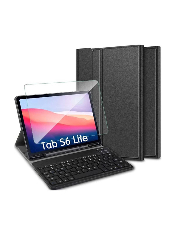 Samsung Galaxy Tab S6 Lite Protective Leather Smart Wireless BT Detachable Waterproof Magnetic Folio Stand Tablet Keyboard Case with Tempered Glass Screen Protector, Black