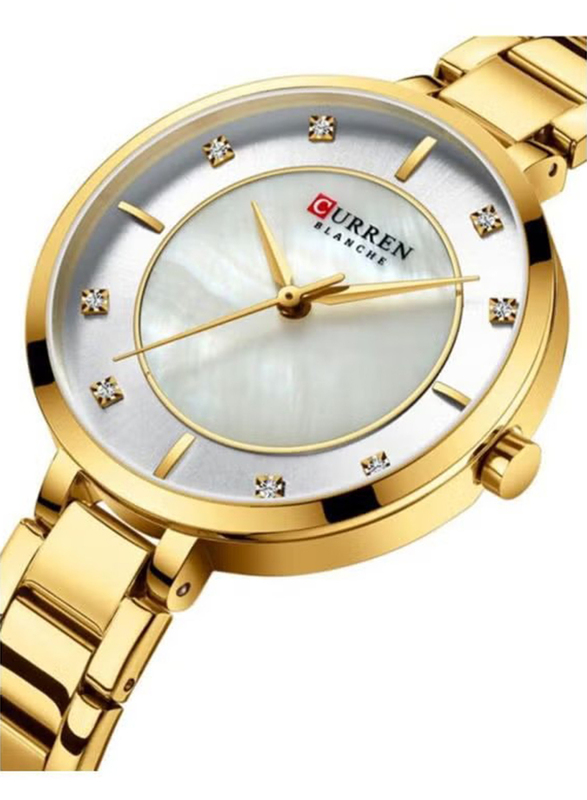 Curren Analog Watch for Women with Alloy Band, Water Resistant, 9051, Gold-White