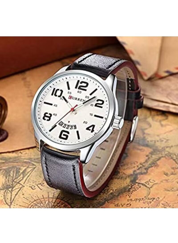 Curren Analog Watch for Men with Leather Band, Black-White