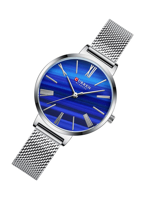 Curren Analog Watch for Women with Stainless Steel Band, Water Resistant, 9076-2, Silver-Blue