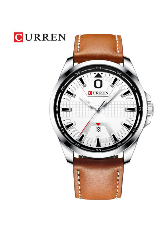 Curren Analog Watch for Men with Leather Band, Water Resistant, J4364S-W-KM, Brown-Silver