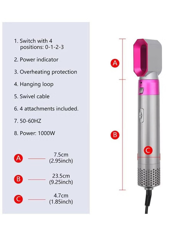 5 in 1 Hot Air Brush Styler Negative Ion Hair Straightener, Silver/Pink