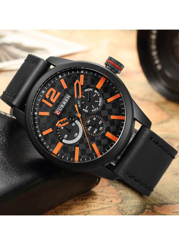 Curren Analog Watch for Men with Leather Band, Water Resistant & Chronograph, 8247, Black-Grey