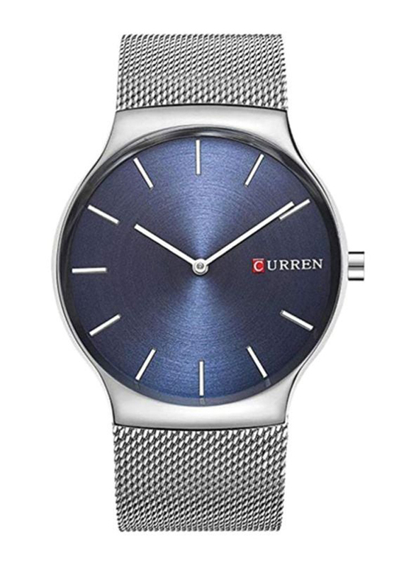 Curren Analog Wrist Watch for Men with Stainless Steel Band, Water Resistant, 8256, Silver-Blue