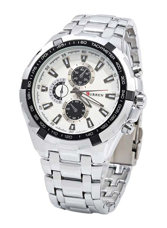 

Curren Analog Watch for Men with Stainless Steel Band, Water Resistant and Chronograph, Silver-White