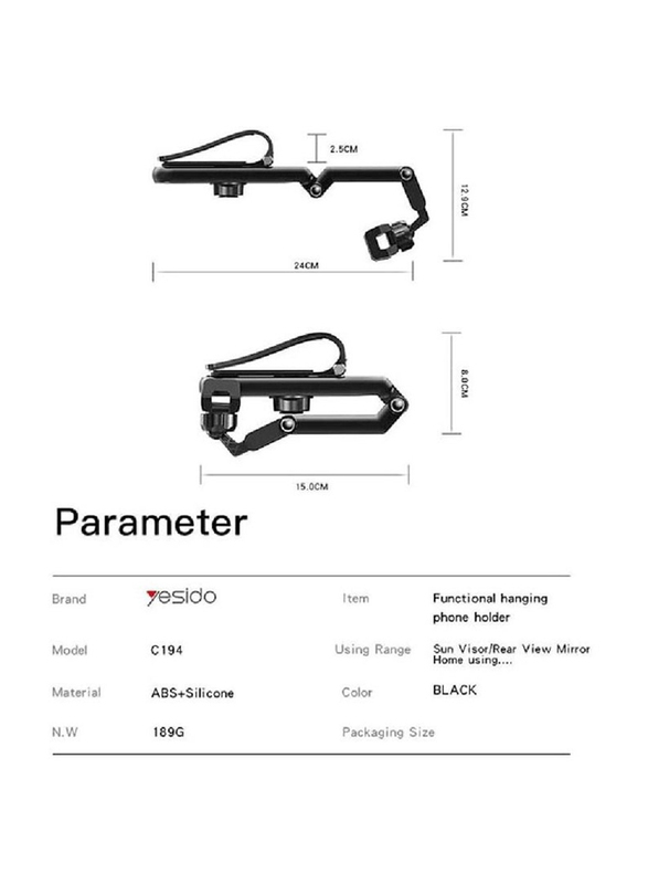 Yesido C194 Car Phone Mount Sun Visor Phone Holder with 360 Degree Adjustable Cell Phone, Black