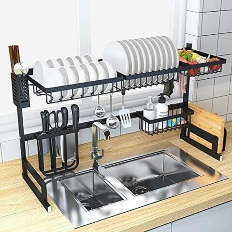 Over The Sink Stainless Steel Dish Drying Rack, 85cm, Black