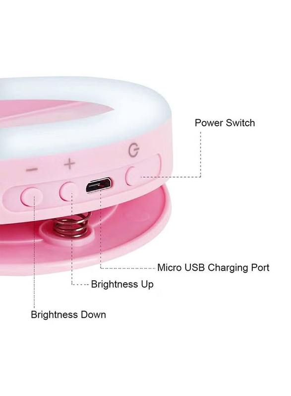 Universal Mini Clip-on Smartphone Selfie Ring Beauty Lamp with RGB LED Light and Built-in Rechargeable Battery, Pink/White