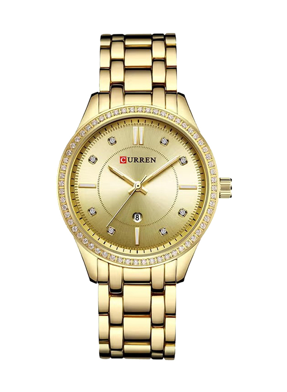 Curren Analog Wrist Watch for Girls with Stainless Steel Band, Water Resistant, C9010L-2, Gold