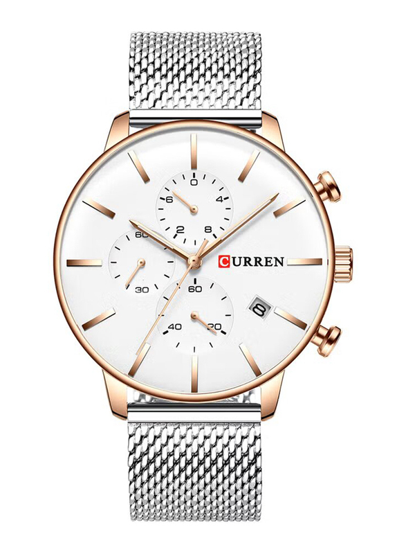 Curren Casual Quartz Analog Watch for Men with Stainless Steel Band, Water Resistant and Chronograph, 8339, Silver-White