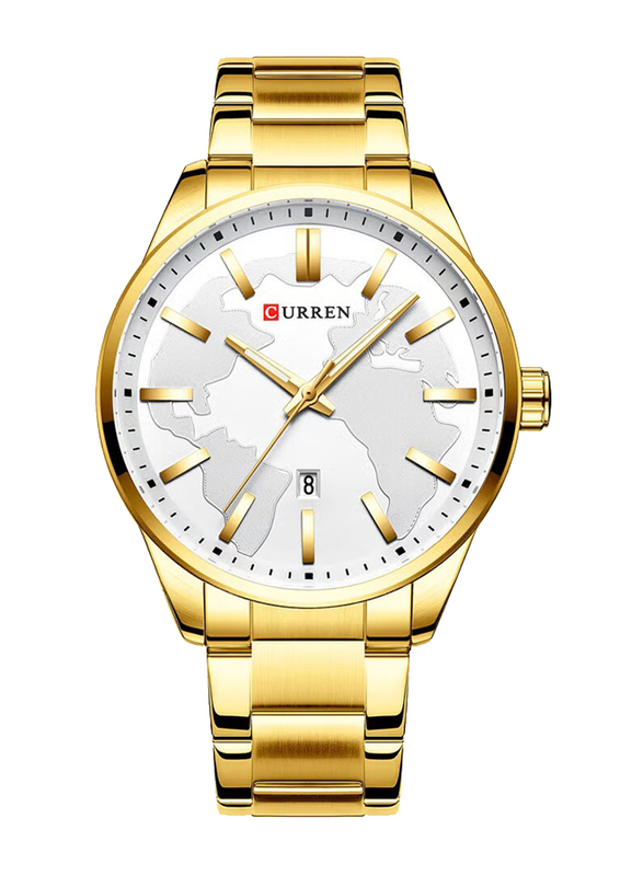 Curren Quartz Analog Watch for Men with Stainless Steel Band, Water Resistant, 8366, Gold-White