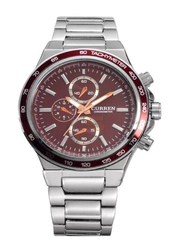 Curren Analog Watch for Men with Stainless Steel Band, Water Resistant, 8011, Silver-Red