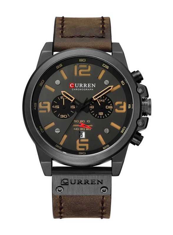 Curren Analog Watch for Men with Leather Band, Water Resistant and Chronograph, J3559BR-KM, Brown-Black