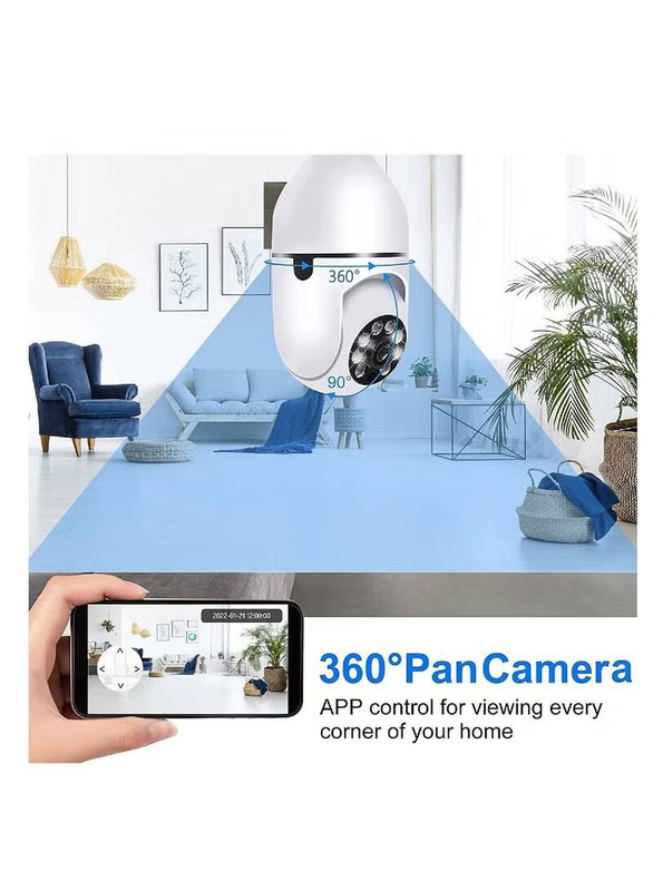 360 Degree 2.4GHz & 5G WiFi 1080p Light Bulb Wireless Outdoor Security Camera, White