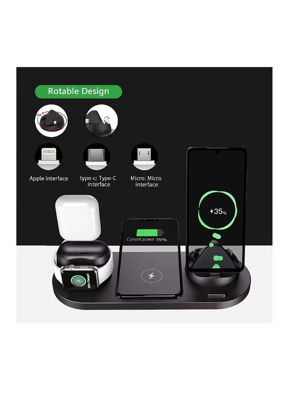 Wireless Charger 6 in 1 Wireless Fast Charging Station For Apple Watch/AirPods Pro/iPhone 12/11/11pro/11pro Max/X/XS/XR Charging Dock Station for Other Qi Phones, Black