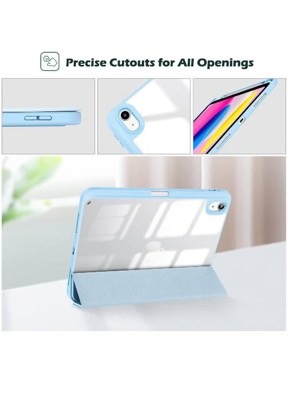 10.9-inch Apple iPad (10th Generation) (2022) Back Shell Tri-fold Protective Shockproof Tablet Case Cover with Pencil Holder, Sky Blue