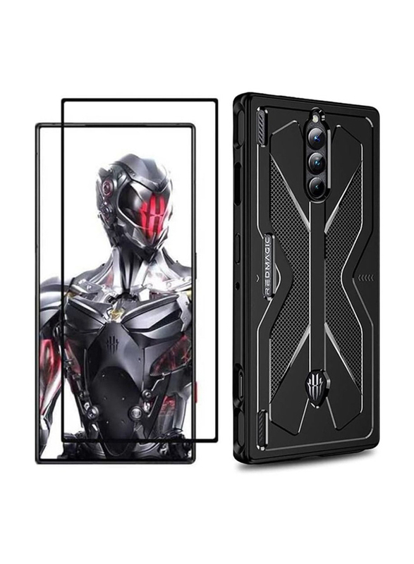 Zoomee ZTE Nubia Red Magic 8 Pro/8 Pro+ Protective Soft Silicone Mobile Phone Back Case Cover With Tempered Glass Screen Protector, Black/Clear