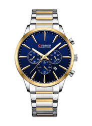 Curren Stylish Analog Wrist Watch for Men with Stainless Steel Band, Water Resistant and Chronograph, Silver/Gold-Blue